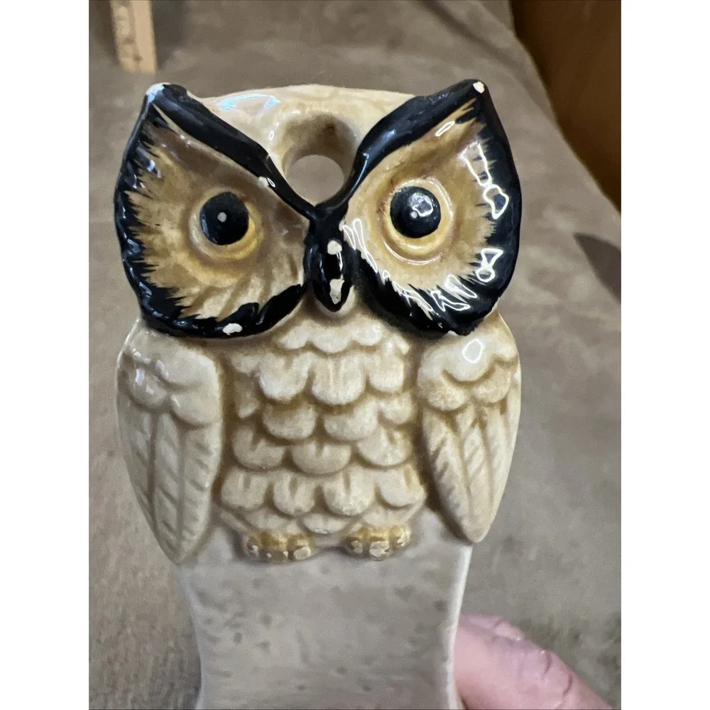 Vintage Owl‎ Ceramic Spoon Rest Otagiri Beige Brown Black Hanging Tabletop